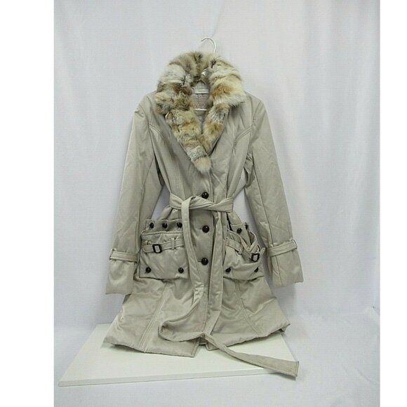 Emozioni Italian Womens Trench Coat Fur Collar Cream Med-Large New with Tags - Picture 1 of 12